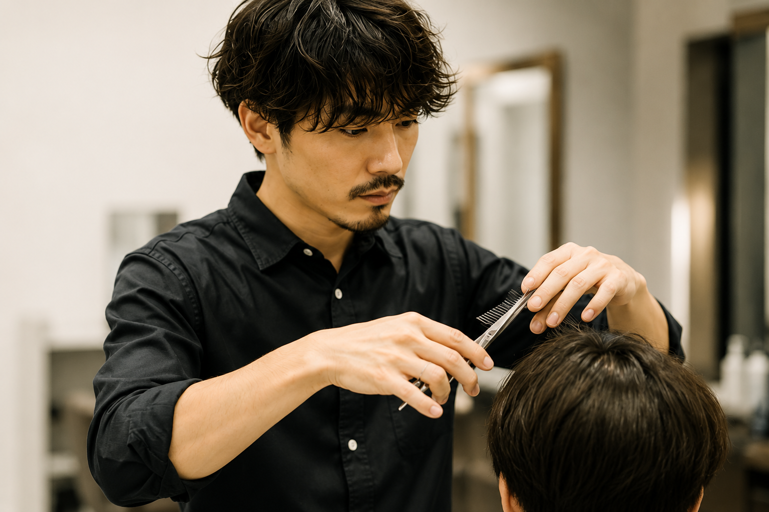 髪をカットするXCELのスタイリスト